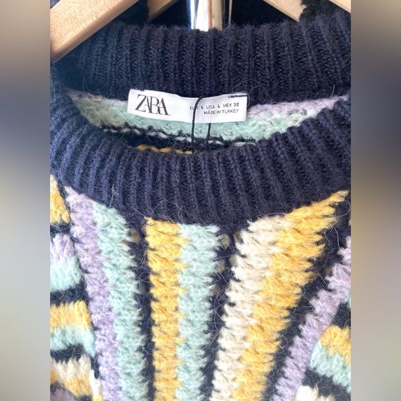 L ๐ ZARA Striped Knit Sweater Round Neck Multicolored Yellow Navy Purple - Picture 9 of 15